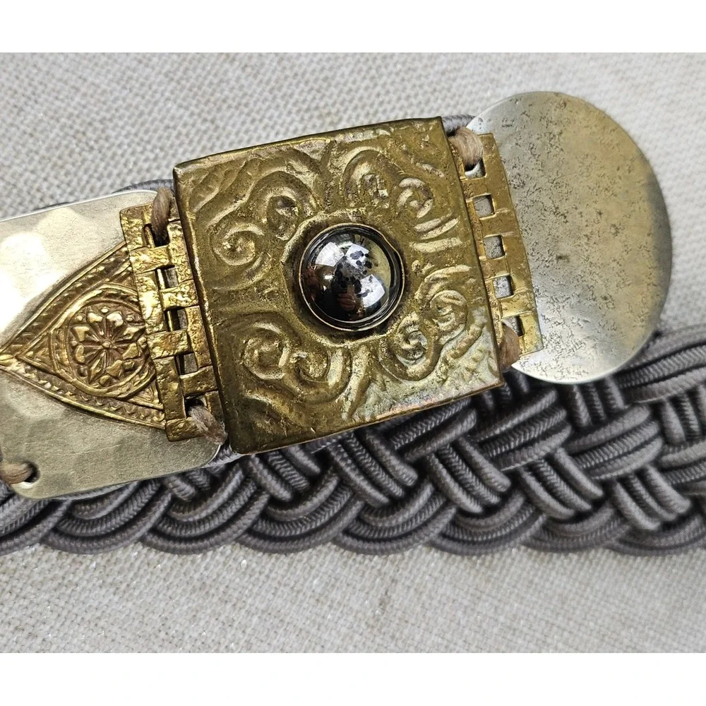 Vtg BAER SF Braided Cord Belt with Ornate Hammered Brass & Silver Metal‎ Buckle
